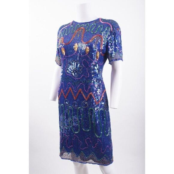 Vintage Jon Charles Womans Sequin Dress Size P Blue Silk Evening Cocktail Glam - Picture 4 of 6